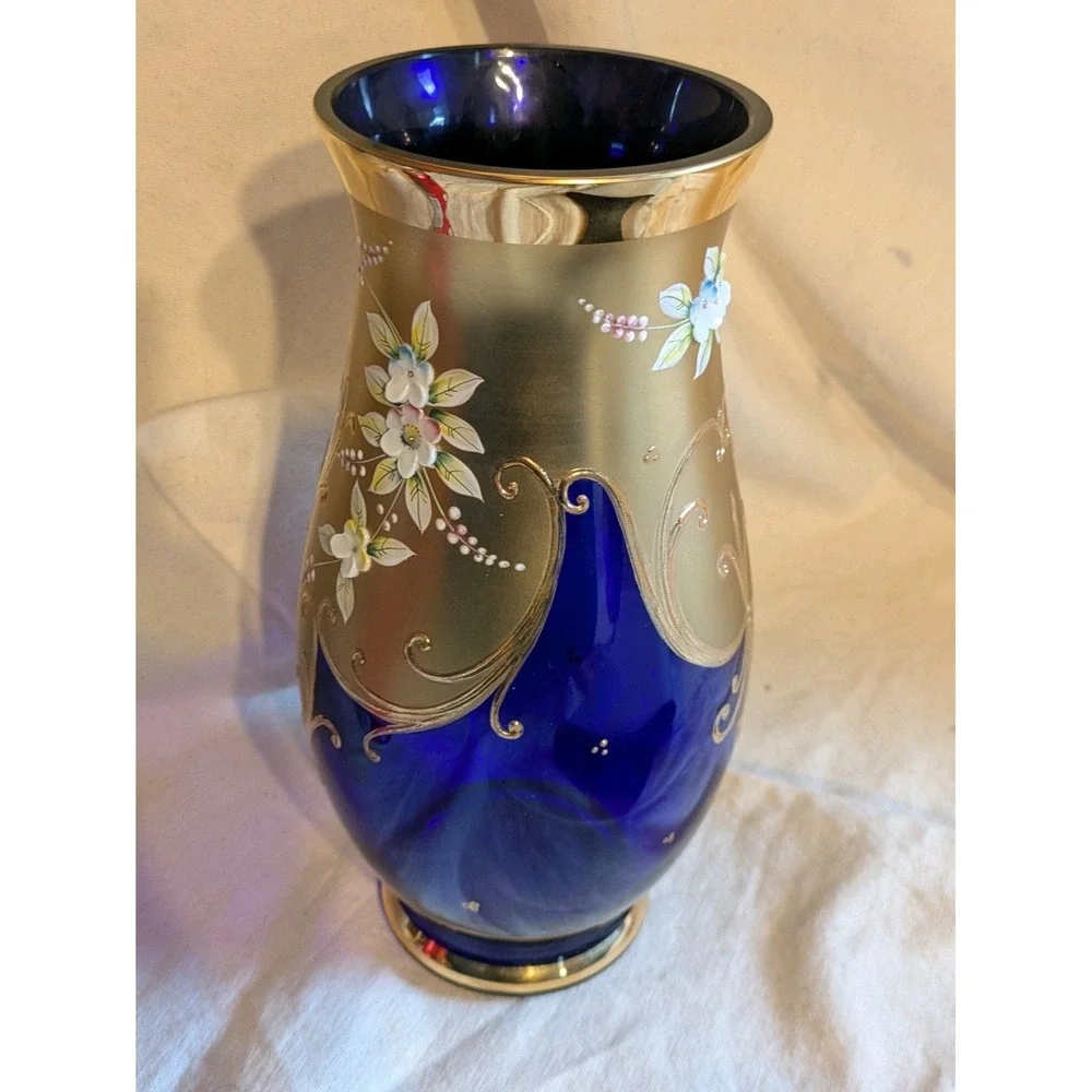 Vintage Cobalt Blue Bohemian Czech Crystal Vase Flowers 24kt Gold 10 in Tall